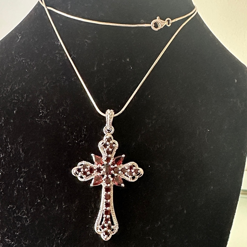 Sterling Silver Italy Garnet Cross Pendant Necklace - Red